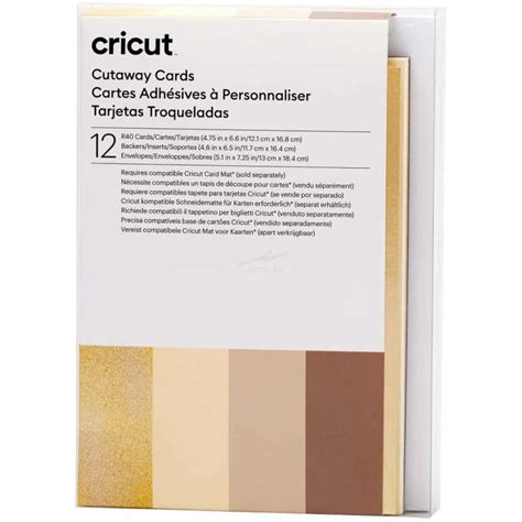2009486 - Cricut Cut-Away Cards Neutrals R40 (12;1 Cm X 16;8 Cm) 12-Pack; 12 R40 cards with adhesive (4 Gray, 4 Khaki, 4 Cream); 12 Gold Holographic backers; 12 White envelopes; Dimensions: Cards 4.75 in x 6.6 in (12.1 cm x 16.8 cm), Backers 4.6 in x 6.5 in (11.7 cm x 16.4 cm), Envelopes 5.1 in x 7.25 in (13 cm x 18.4 cm); Create stunning custom cards in minutes; Easy to cut with specialized Cricut Card Mat (sold separately); For Cricut Explore® and Cricut Maker® machines